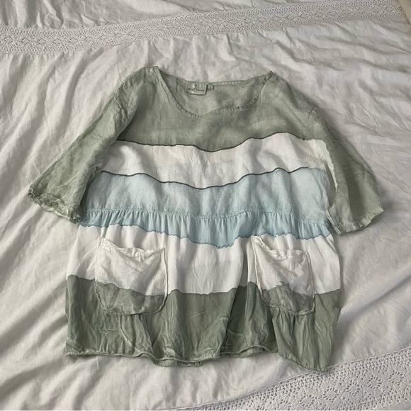 belle france Tops - belle france LARGE short sleeve Blue green 100% linen tie dye blouse top Italy